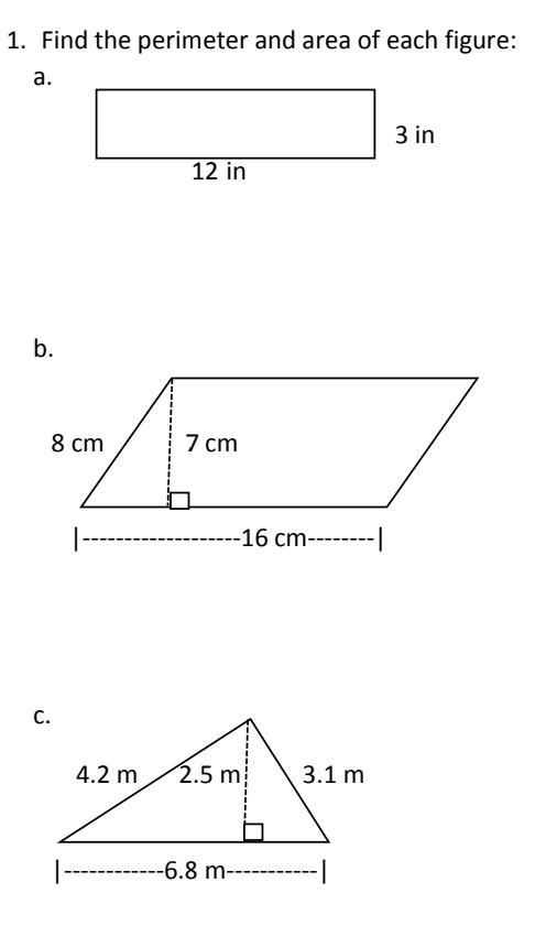 Solved 1. Find the perimeter and area of each figure: | Chegg.com