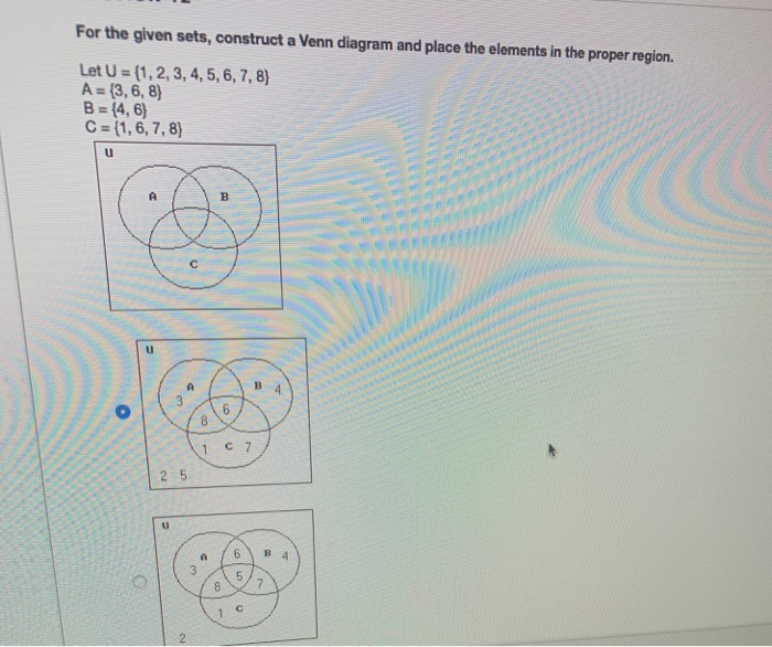 Solved For the given sets, construct a Venn diagram and | Chegg.com
