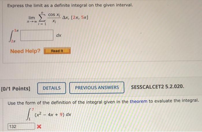 Solved Express the limit as a definite integral on the given | Chegg.com
