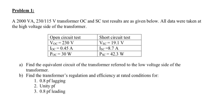 Solved Problem 1: A 2000 VA, 230/115 V transformer OC and SC | Chegg.com