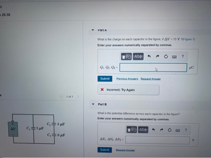 Solved 26.58 Part A What is the charge on each capacitor in | Chegg.com