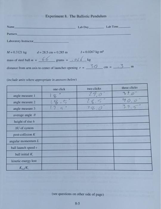 Solved Experiment 8. The Ballistic Pendulum Name Lab Day Lab | Chegg.com