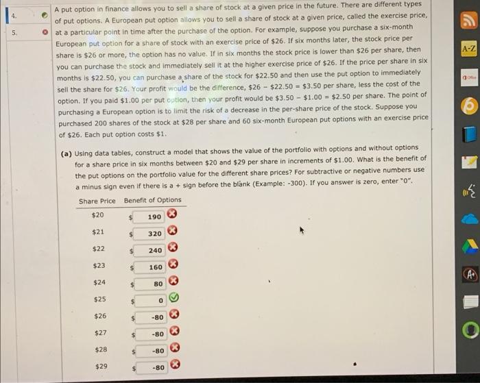 Solved 4 5. AZ 0. A put option in finance allows you to