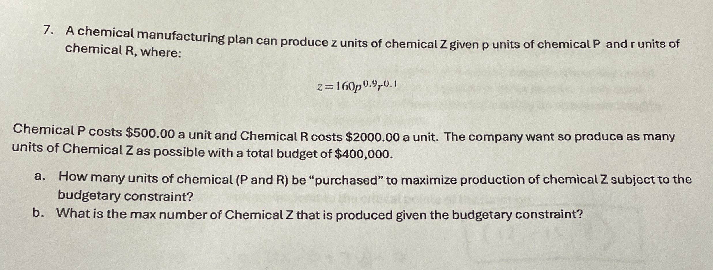 Solved A chemical manufacturing plan can produce z ﻿units of | Chegg.com
