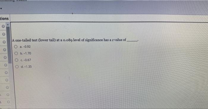 Solved A one-tailed test (lower tail) at a 0.089 level of | Chegg.com