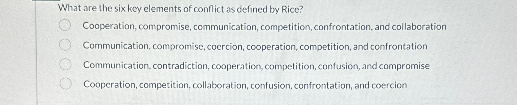 Solved What are the six key elements of conflict as defined | Chegg.com