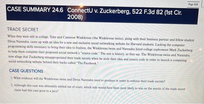 CASE SUMMARY 24.6 ConnectU v. Zuckerberg, 522 F.3d 82 | Chegg.com
