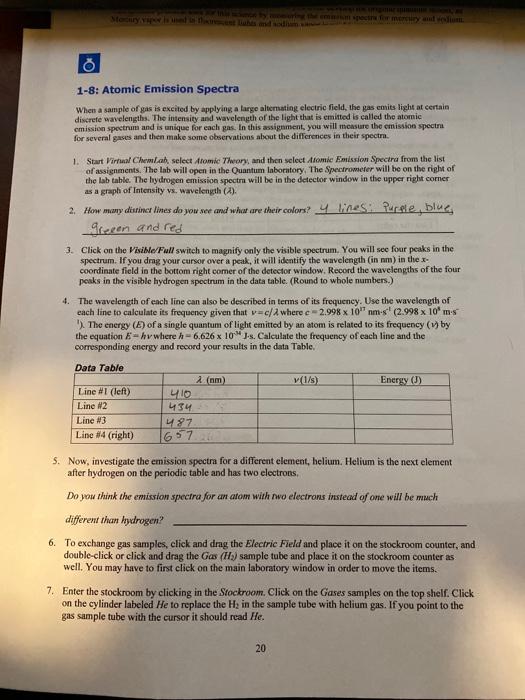 Solved 1 8 Atomic Emission Spectra When A Sample Of Gas Is Chegg Com