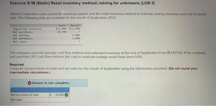 Solved Exercise 9-18 (Static) Retail inventory method; | Chegg.com