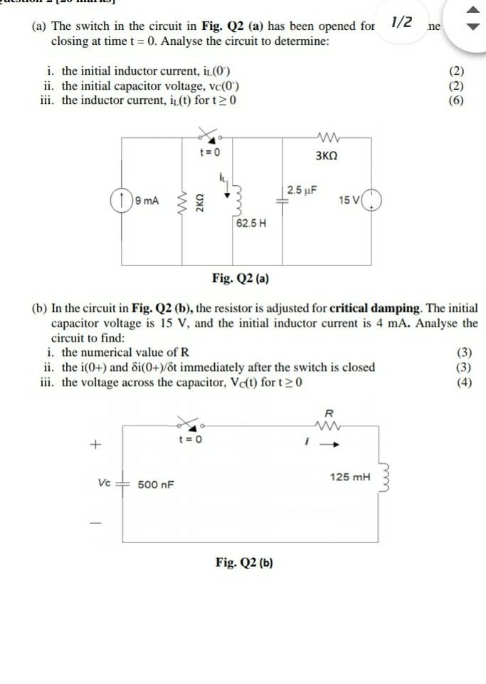 Solved 1/2 ne (a) The switch in the circuit in Fig. Q2 (a) | Chegg.com
