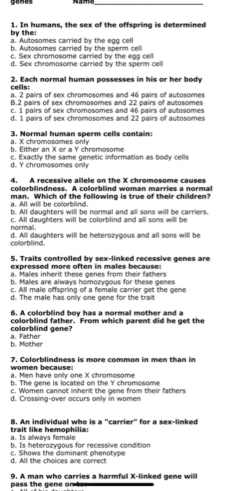 Solved 1. In Humans, The Sex Of The Offspring Is Determined | Chegg.com