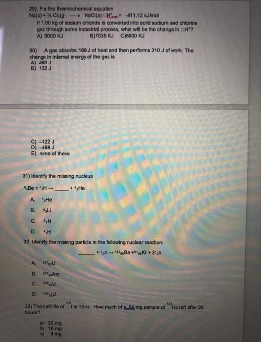 Solved 29 For The Thermochemical Equation Na S Cl N Chegg Com