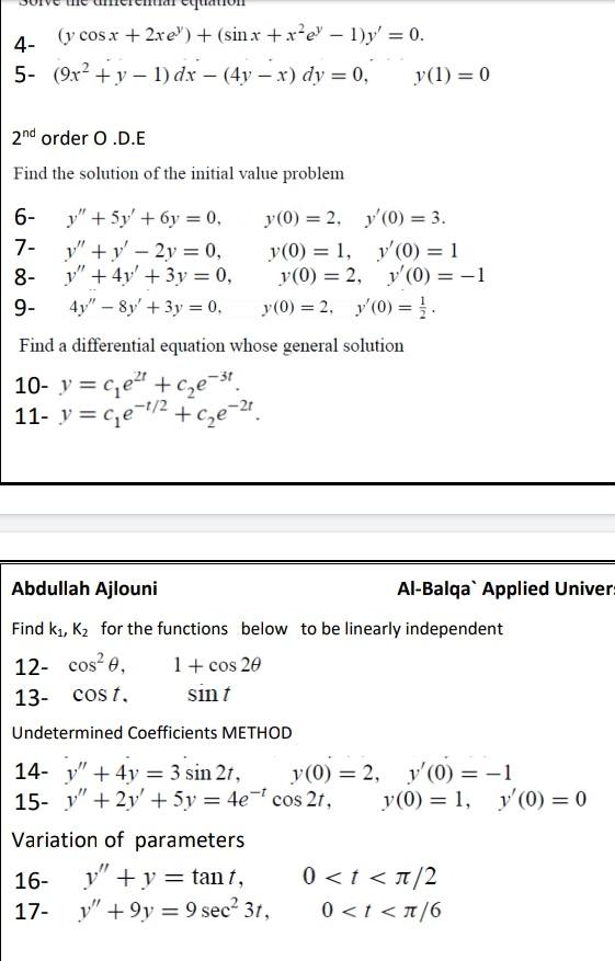 Solved 4 Y Cos X 2xel Sin X Xel 1 Y 0 5 9x2 Chegg Com