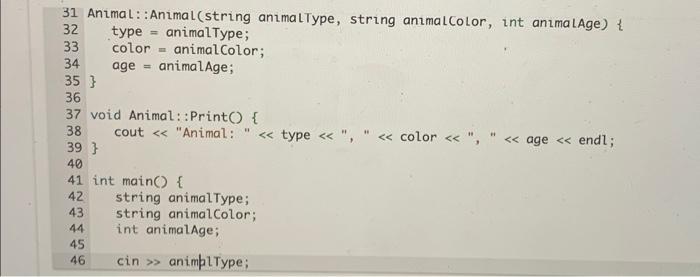 Solved The Animal class has a default constructor, a | Chegg.com