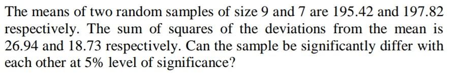 Solved The means of two random samples of size 9 and 7 are | Chegg.com