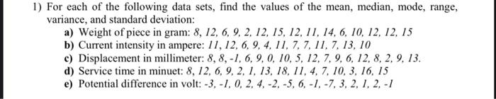 Solved 1) For each of the following data sets, find the | Chegg.com