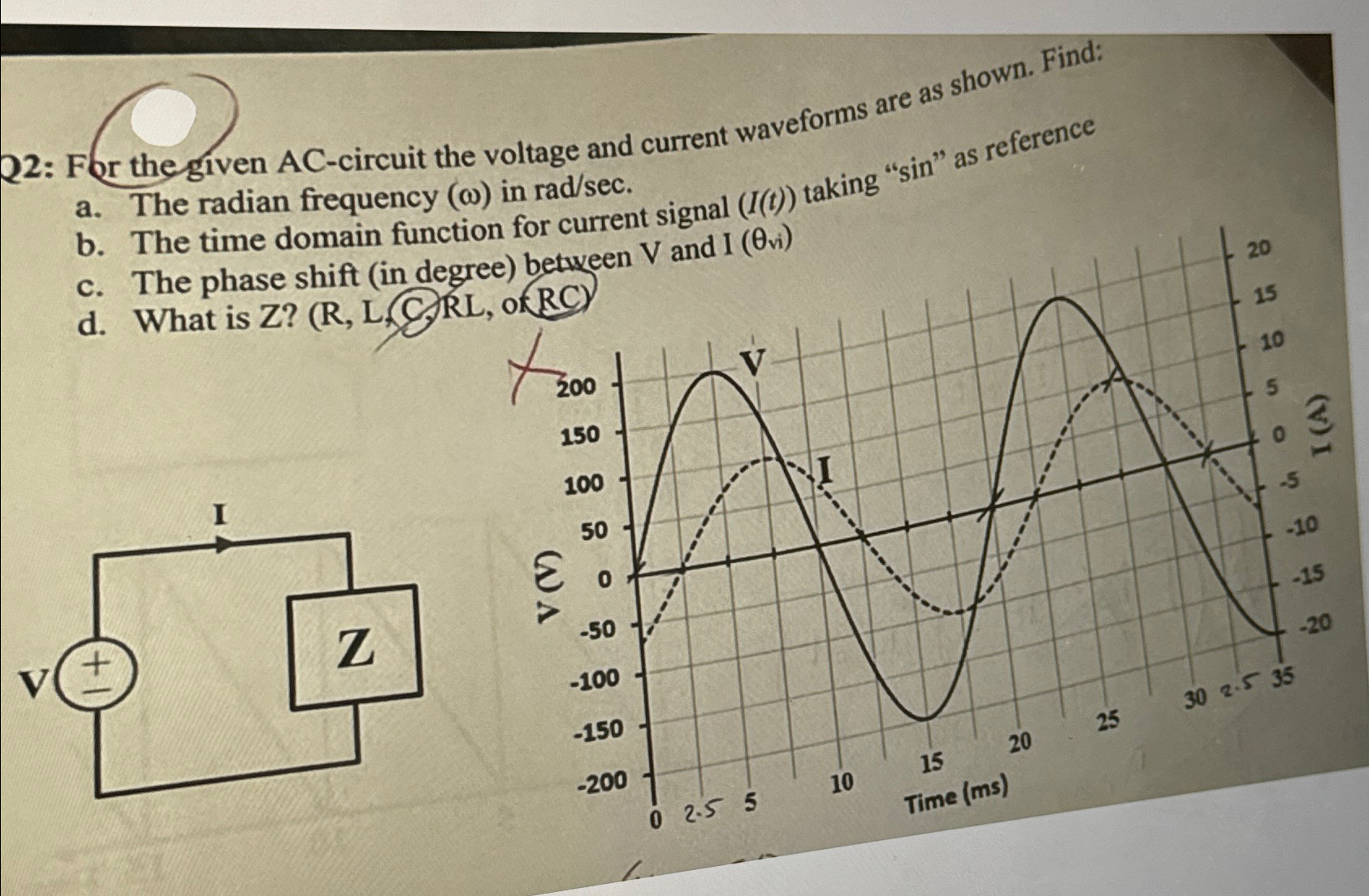 Solved Q2: For the given AC-circuit the voltage and current | Chegg.com