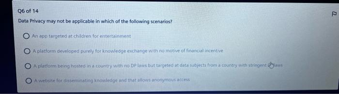 Solved Q6 of 14 Data Privacy may not be applicable in which | Chegg.com