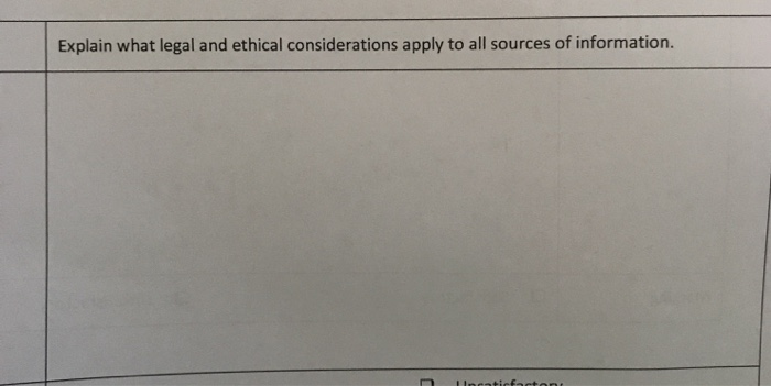 Solved Explain what legal and ethical considerations apply | Chegg.com