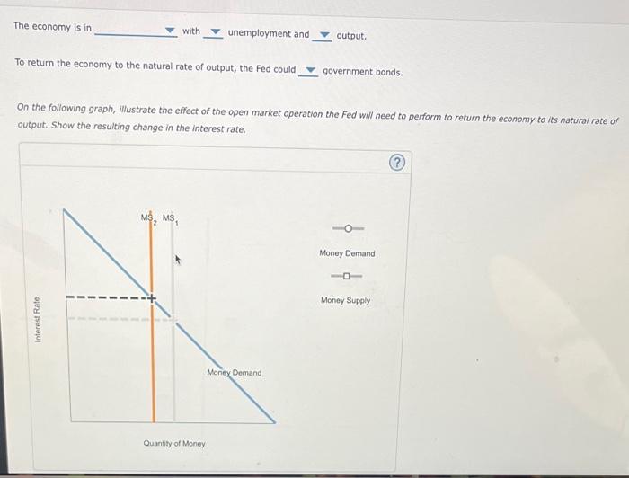 The economy is in
with
unemployment and
output.
To return the economy to the natural rate of output, the Fed could government