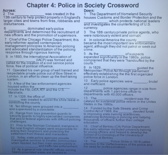 Chapter 4: Police in Society Crossword Across: Down: Chegg com