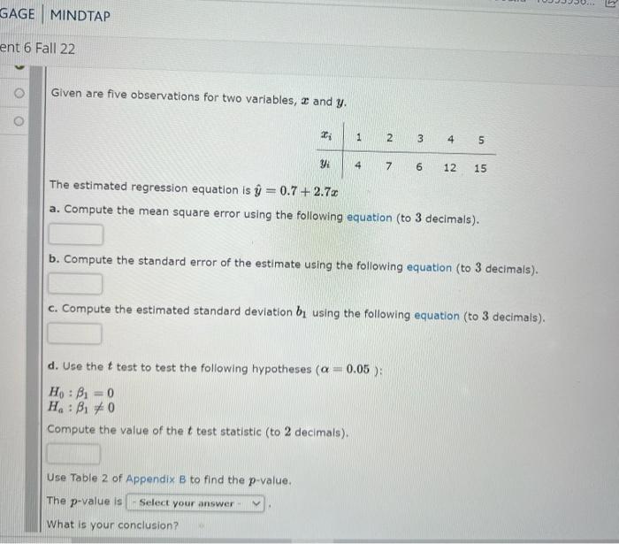 Solved given are five observations for two variables, x and | Chegg.com