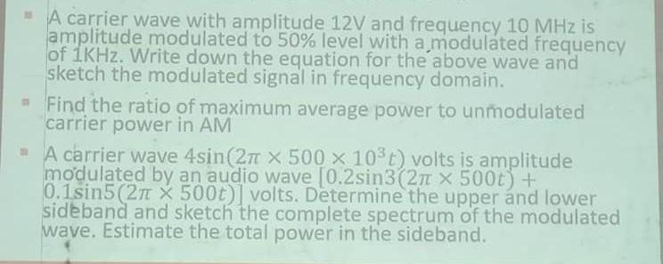 Solved A carrier wave with amplitude 12V and frequency 10 | Chegg.com