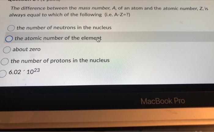 The difference between the mass number, \( A \), of an atom and the atomic number, \( \mathrm{Z} \), is always equal to which