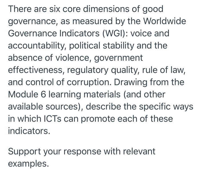 Solved There Are Six Core Dimensions Of Good Governance As Chegg Com