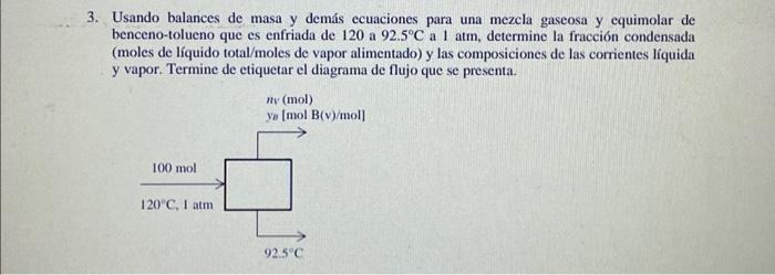 Usando balances de masa y demás ecuaciones para una mezcla gaseosa y equimolar de benceno-tolueno que es enfriada de 120 a \(