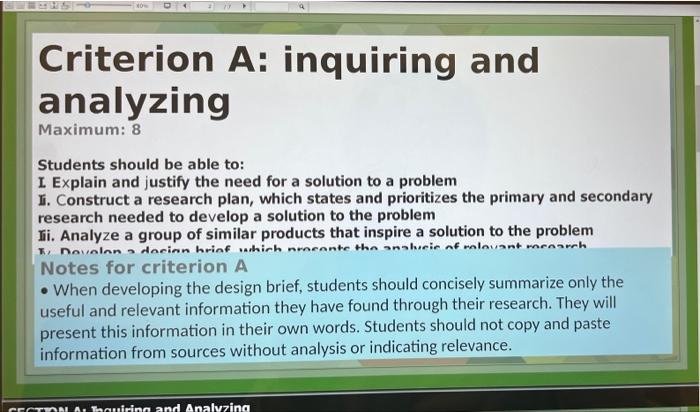 Criterion A – Inquiring and Analysing – Year 10 Design