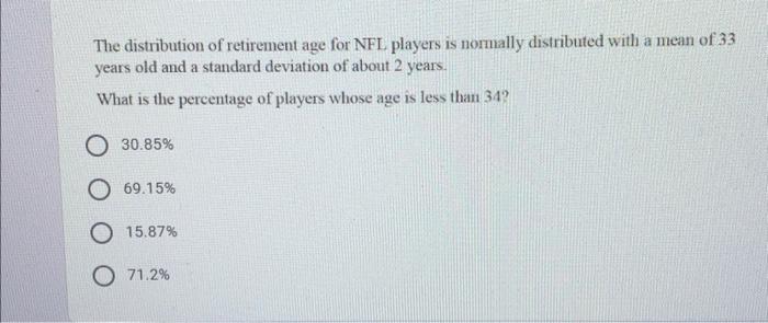 Solved The distribution of retirement age for NFL players is | Chegg.com