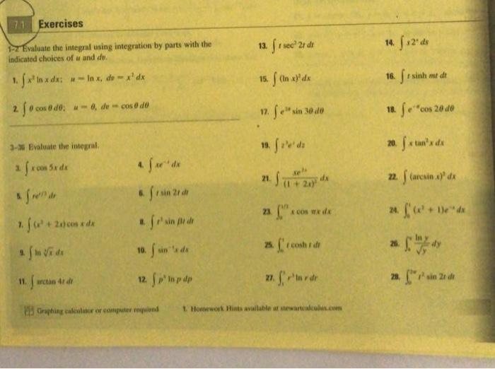 Solved 1-2 Evaluate the integral using integration by parts | Chegg.com
