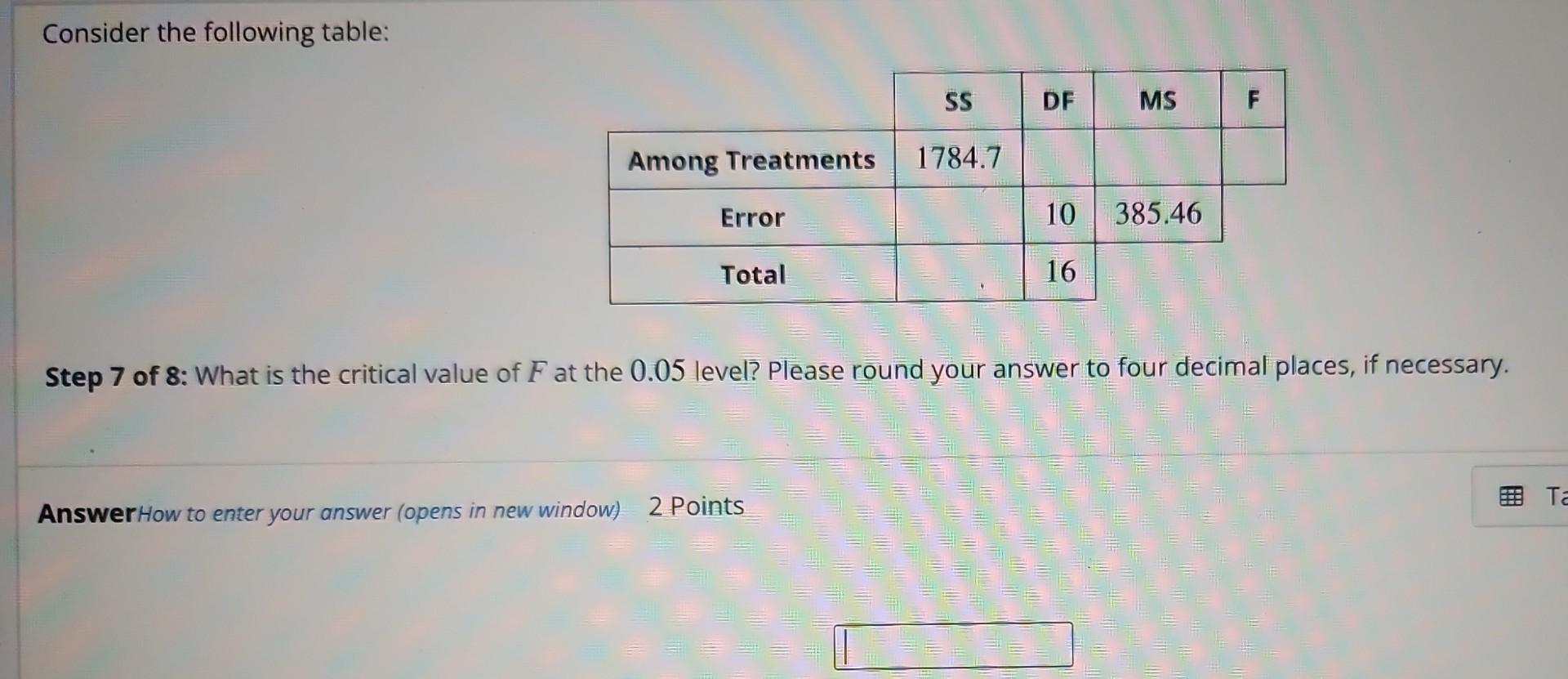 Solved Consider the following table: Step 1 of 8 : Calculate | Chegg.com