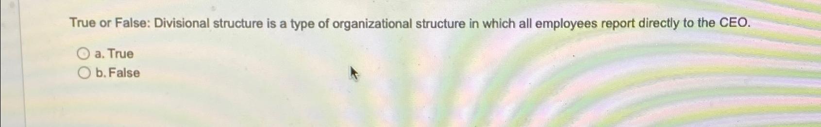 Solved True or False: Divisional structure is a type of | Chegg.com