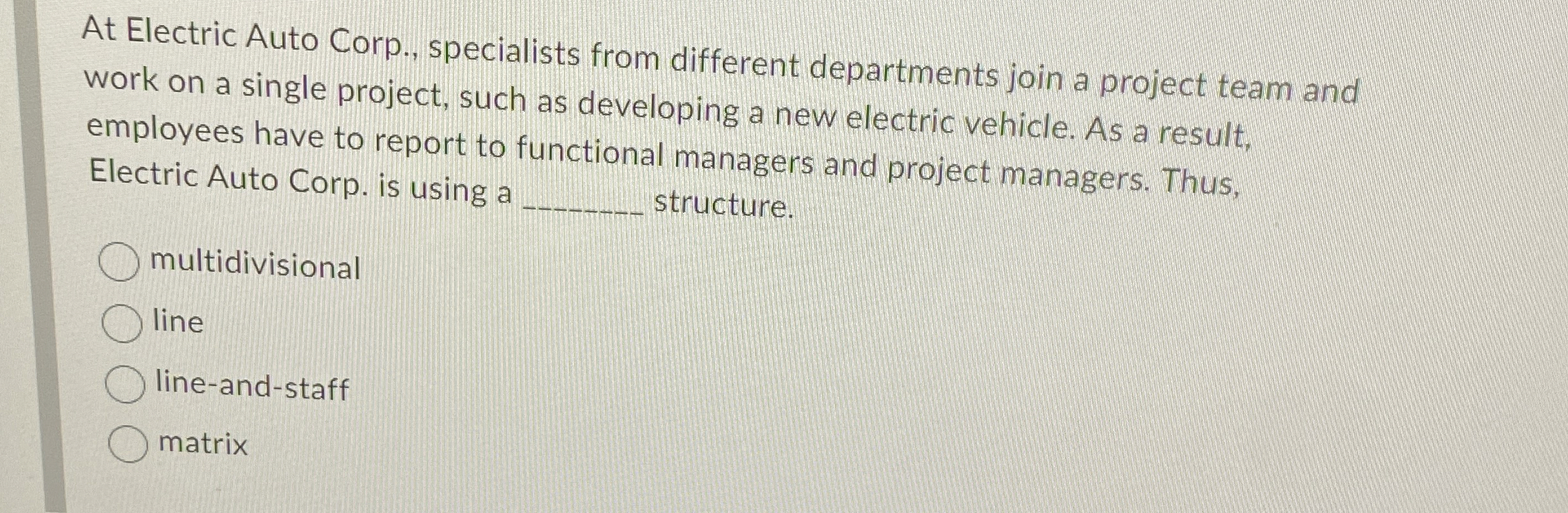 Solved At Electric Auto Corp., specialists from different