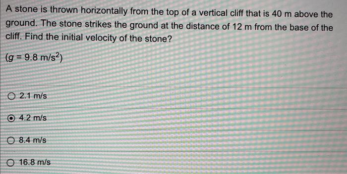 Solved A stone is thrown horizontally from the top of a | Chegg.com