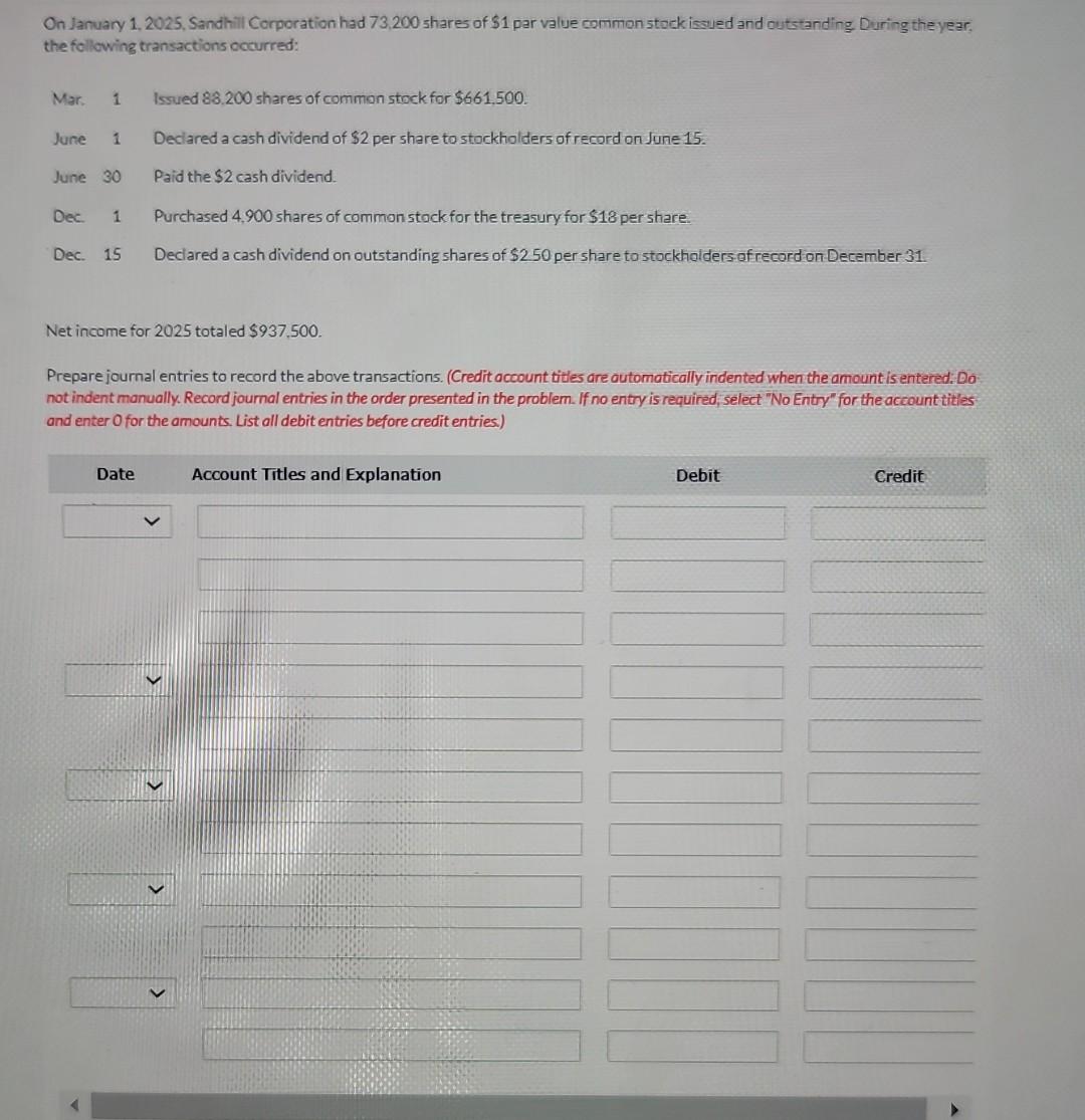 Solved On January 1, 2025, Sandhill Corporation Had 73,200 | Chegg.com