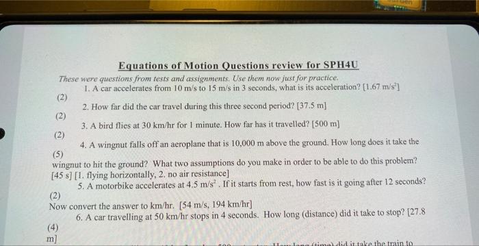 Solved Equations Of Motion Questions Review For SPH4U These | Chegg.com