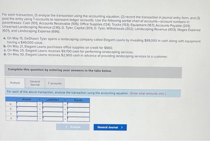 Solved For each transaction, (1) analyze the transaction | Chegg.com