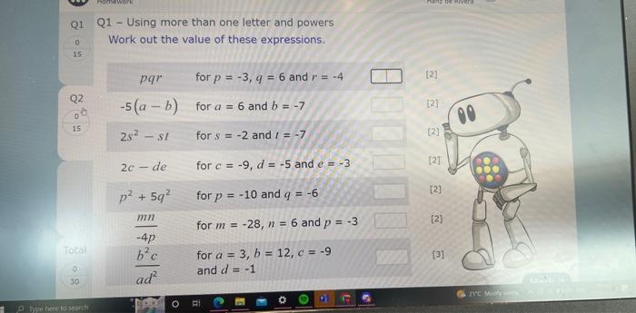 Q1 - Using more than one letter and powers Work out the value of these expressions.