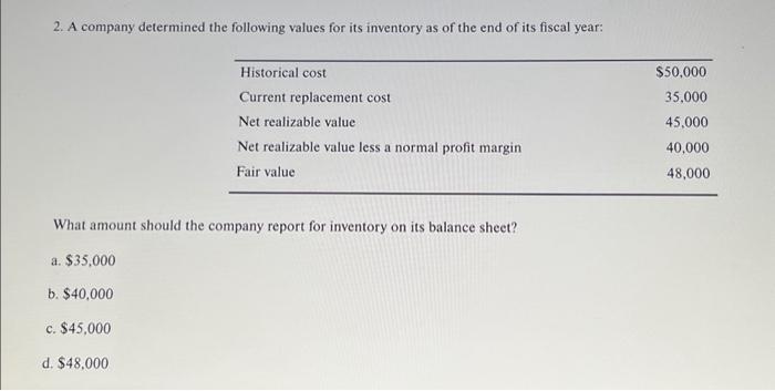 Solved 2. A company determined the following values for its | Chegg.com