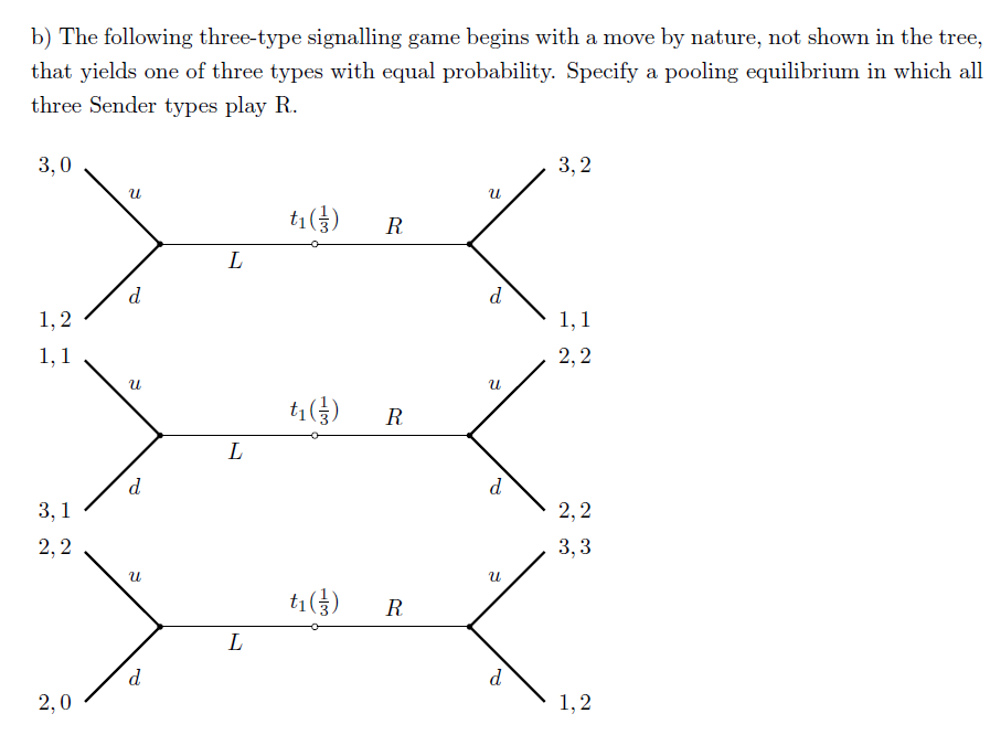 Solved b) ﻿The following three-type signalling game begins | Chegg.com