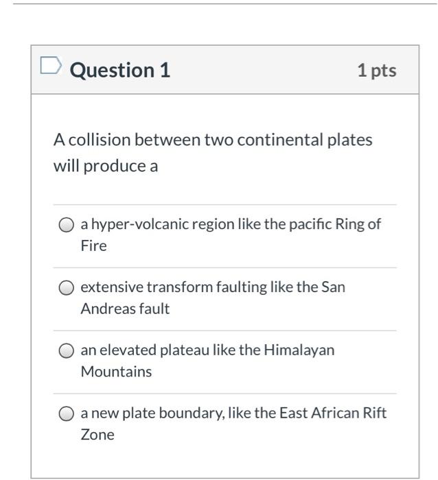 Solved Question 1 1 pts A collision between two continental | Chegg.com