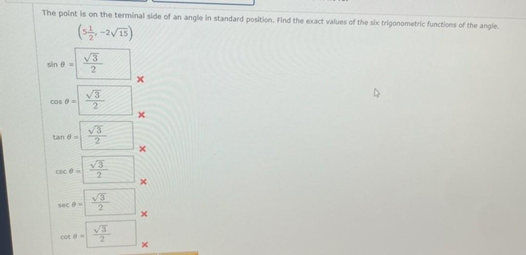 Solved The Point Is On The Terminal Side Of An Angle In 