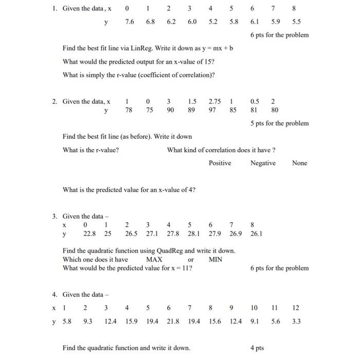 Solved 1. Given the data, x 2. Given the data, x y y Find | Chegg.com