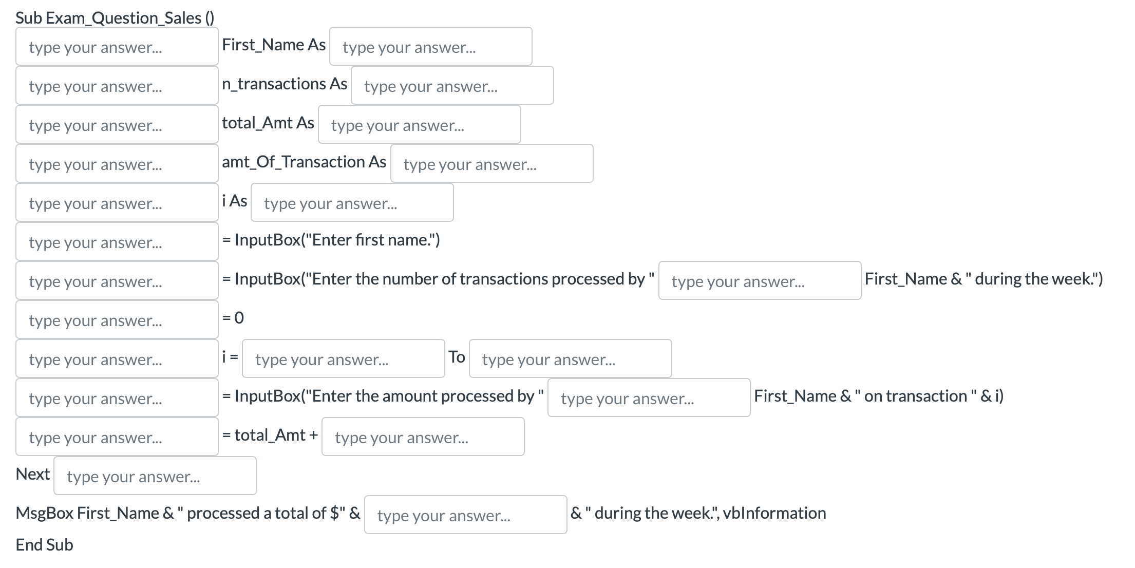 Solved Sub Exam_Question_Sales ()End Sub | Chegg.com