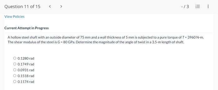 Solved A hollow steel shaft with an outside diameter of 75 | Chegg.com