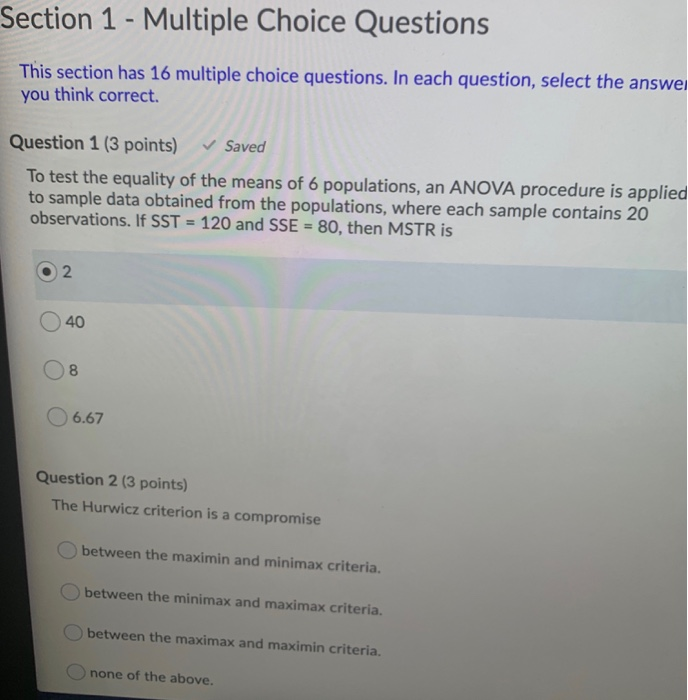 Solved Section 1 - Multiple Choice Questions This section | Chegg.com