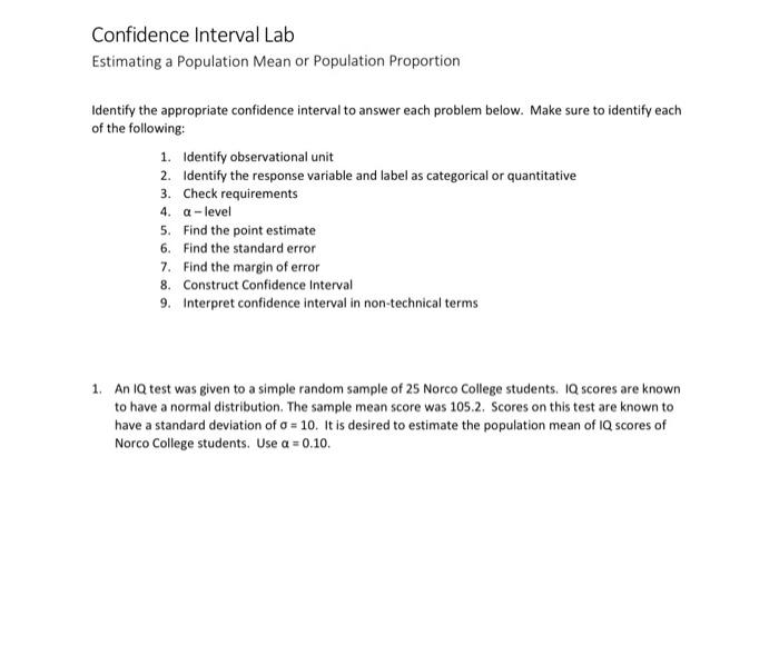 Solved Confidence Interval Lab Estimating a Population Mean | Chegg.com